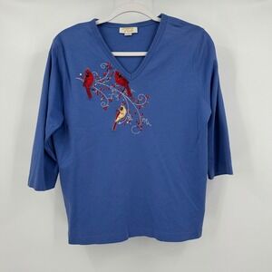 Womens Vintage‎ Cardinal Embroidered Cottagecore Top Size L Birds Grandmacore